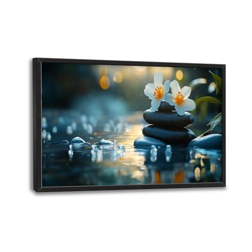 Zen Large Canvas Wall Art for Living Room, Lotus Framed Wall Decor, Stones in Water Landscape Pictures Painting, Modern Artwork for Spa Bathroom Bedroom 36L'' × 24W''