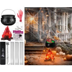 9 Pcs Large Witches Cauldron Halloween Decor Set Cauldron on Tripod with Spider Webs Fake Fire String Lights Fake Hand for Halloween Indoor and Outdoor Party Supplies