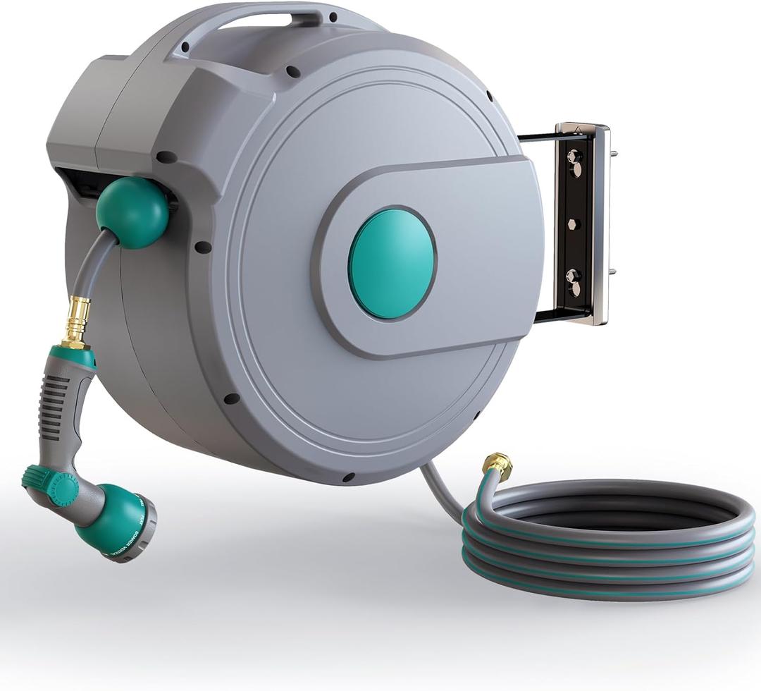 Retractable Garden Hose Reel,1/2 in x 100 ft Wall Mounted Hose Reel, with 10- Function Sprayer Nozzle, Any Length Lock/Slow Return System/Wall Mounted/180Swivel Bracket (Grey)
