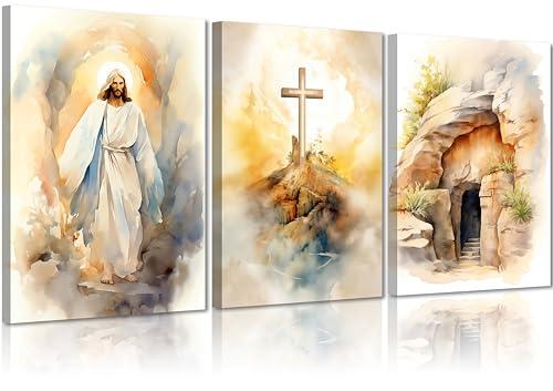 3Pcs Jesus Canvas Wall Art Bible Stories Wall Decor God Resurrection Ascension Painting Pictures Empty Tomb Cross Poster Prints for Bedroom Prayer Room Church Easter Home Decoration 12X16