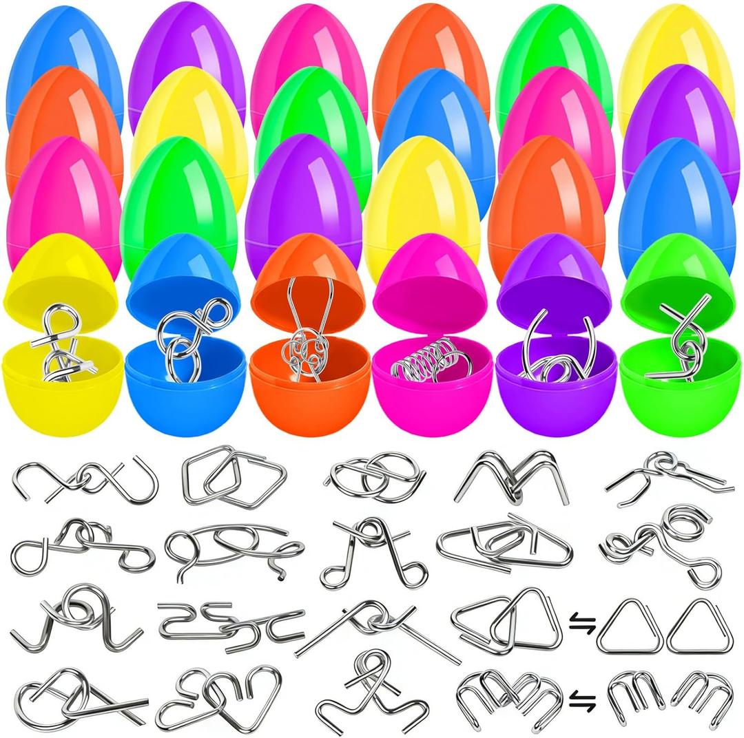 Easter Basket Stuffers Essentials for Teens Kids, Easter Egg Fillers - 24Pcs Prefilled Easter Eggs with Metal Brain Teaser Puzzle Toys for Girls Boys, Classroom Treasure Box Prizes, Party Favors