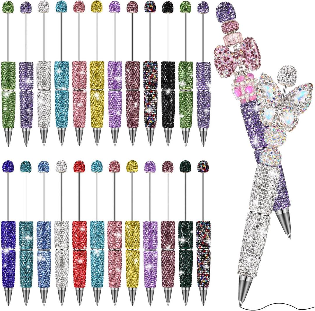 Tondiamo 24 Pcs Rhinestone Beadable Pens Bulk Glitter Bling Fancy Pen for Bead Trendy Stuff Diamond Cute Assorted Ballpoint Kit for DIY Craft Making Birthday Student School Class Gift (Rainbow Color)