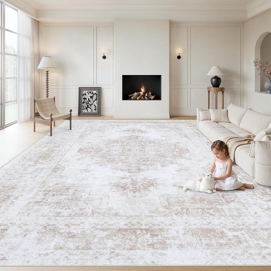 XLUEZ Area Rug 9x12 Living Room Rug, Machine Washable Vintage Distressed Medallion Rug Non-Slip Soft Low Pile Large Indoor Rugs for Bedroom Kitchen Dining Room Office(Beige,9'x12')