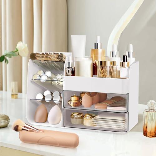 FZHZZ Makeup Organizer Countertop with Drawers, Cosmetic Organizer with Travel Makeup Brush Holder, Skincare Organizer & Storage with Drawers for Bathroom, Beauty Essentials, Eyeshadow (white)