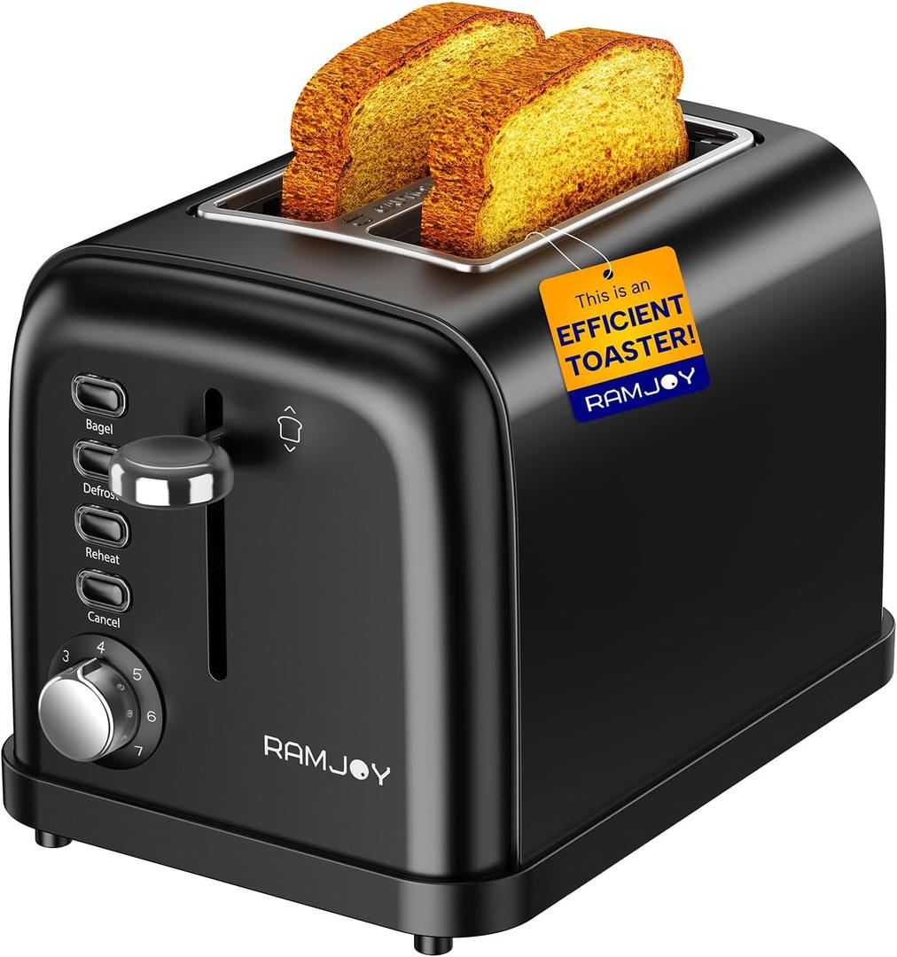 RAMJOY Black Toaster 2 Slice, Extra Wide Slot Toaster for Bagels, Bread, Waffles, 7 Shade Settings, 4 Main Functions, Removable Crumb Tray, 900 Watts Toasters, Black Stainless Steel