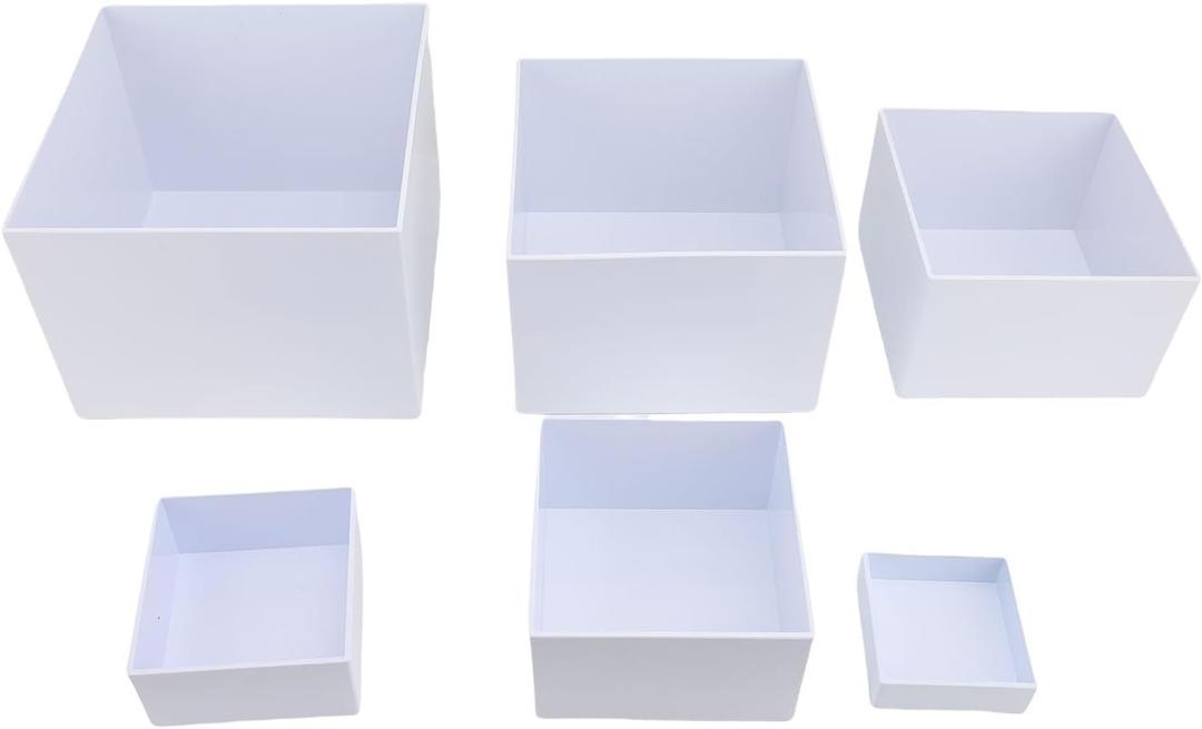 lyrlody 6 Piece Cube Display Stands, Multifunctional Transparent Boxes Square, Stackable 5 Sided Acrylic Nesting Boxes for Desserts, Collectibles, Statues & Retail Displays (White)