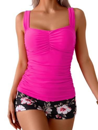 B2prity Women's Tankini Swimsuit Tummy Control Ruched Two Piece Bathing Suit Push Up Modest Swim Suits with Shorts Large