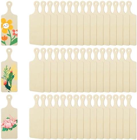 50 PCS Wooden Mini Cutting Board with Handle Unfinished Wood Craft Mini Charcuterie Boards Paddle Blank Small Chopping Board for DIY Kitchen Cooking Vegetables Decor (9.4 x 3.5 Inch)
