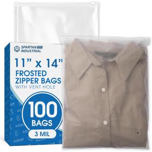 Spartan Industrial - 11” X 14” (100 Count) 3 Mil Frosted Reclosable Zip Plastic Bags with Resealable Lock Seal Zipper and Vent Hole | For Packaging Clothes, Shirts & More