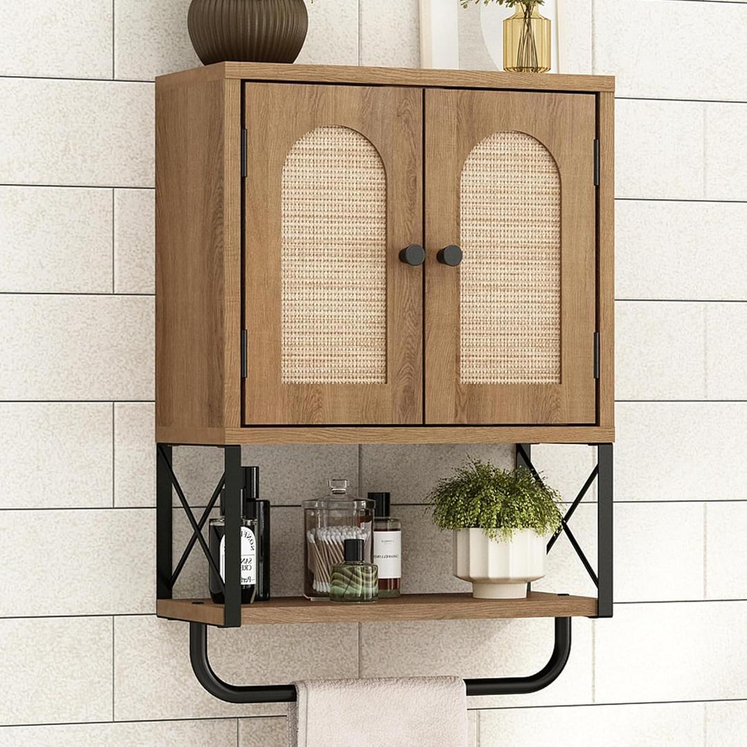 RUSTOWN Rattan Bathroom Wall Cabinet, Boho Over The Toilet Storage Cabinet with Arched Rattan Doors, Modern Medicine Cabinet with Adjustable Shelves & Towel Bar, Bathroom Organizer(Rustic Oak, Small)
