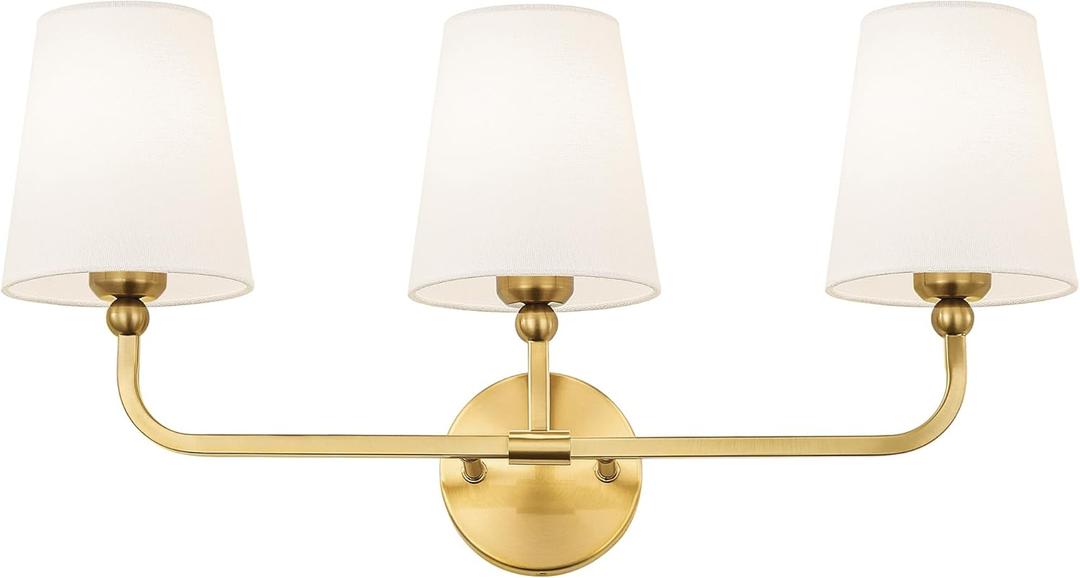 Bathroom Light Fixtures, Brushed Gold Vanity Lights with Flared White Fabric Shade, 3 Light Wall Sconce, Modern Sconces Wall Lighting for Hallway Bedroom, VL837-BG-3