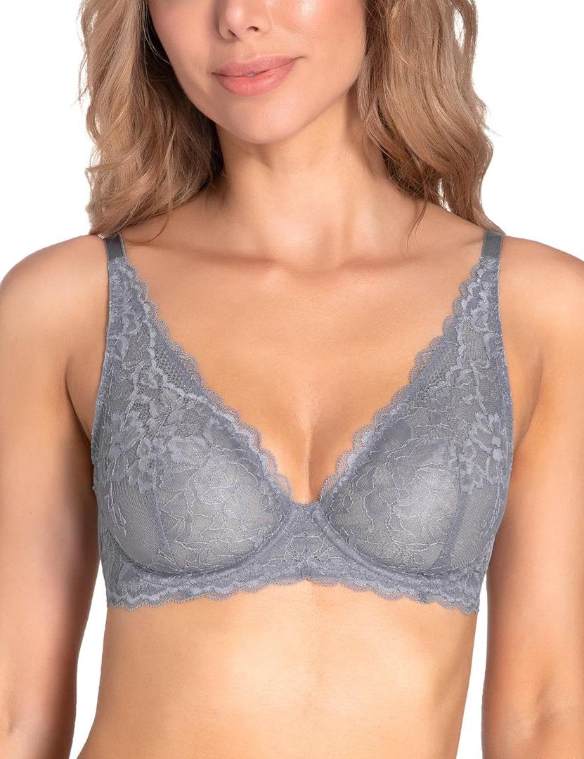 Wingslove Women's Sexy Bra Sheer Lace Bra Plunge Unlined Full Coverage See Through Underwire Bra (Gray)