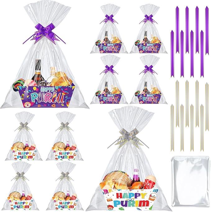 Cholemy 6 Pieces Purim Gift Baskets Empty Kit Include 8 Kraft Market Trays 8 Bags and 8 Bows Jewish Carnival Party Favors Gift Cardboard Box for Gifts Empty with Handles Happy Purim Party Supplies