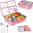 Stainless Steel Adult Lunch Box, 28.7oz 4-Compartment Cute Bento Box Kids Snack Containers with 5oz Soup/Condiment Cup, Food Storage Containers with Utensils and Small Cleaning Brush Set - Pink