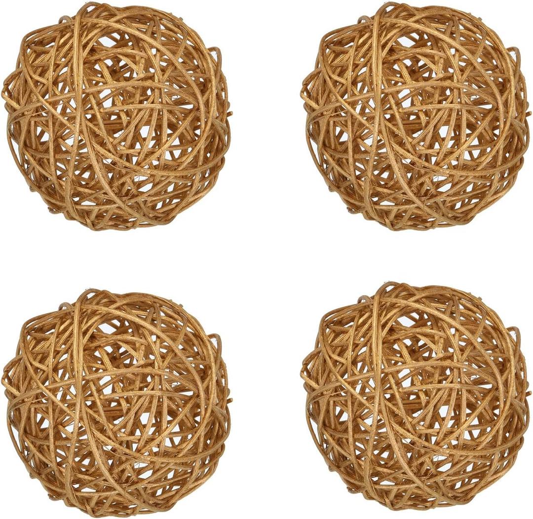 MECCANIXITY 4 Pcs Wicker Rattan Balls 3.9 Inch Rattan Decorative Balls for Centerpiece Bowls Vase Fillers Craft Home Decor Golden