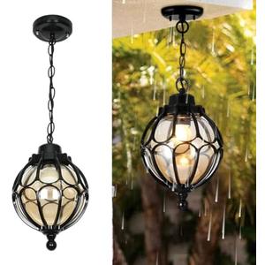 Outdoor Pendant Light Fixtures For Porch, Waterproof Exterior Lantern Glass Vintage Hanging Ceiling Light Retro Aluminum Outside Chandelier For Porch Patio Entryway Farmhouse (27cm/10.6",Black)
