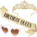 Gold Birthday Crown and Sash & Glasses Set for Women - BIRTHDAY QUEEN Sash and Tiara for Women, Happy Birthday Decorations Adult Woman Girls Party Favors Accessories