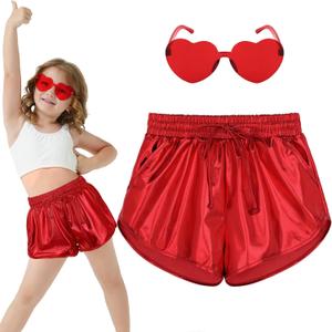 Metallic Shorts Shiny Hot Pants Sparkly Dance Outfits Short Party Outfits with Sunglasses (10-11 Years, Red)