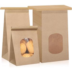 250 Pcs Bakery Bags with Window Small Kraft Paper 3.54 x 2.36 x 6.7 Inch Cookie Treat Tin Tie Tab Lock Brown for Coffee Food Candy Gift Packaging Party