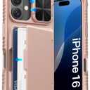 ATATOO for iPhone 16 Case Wallet, Built-in Card Holder (Store 3-5 Cards) & Slide Lens Cover, Military Grade Protection, Shockproof Silicone Protective Case for iPhone 16, Rose Gold