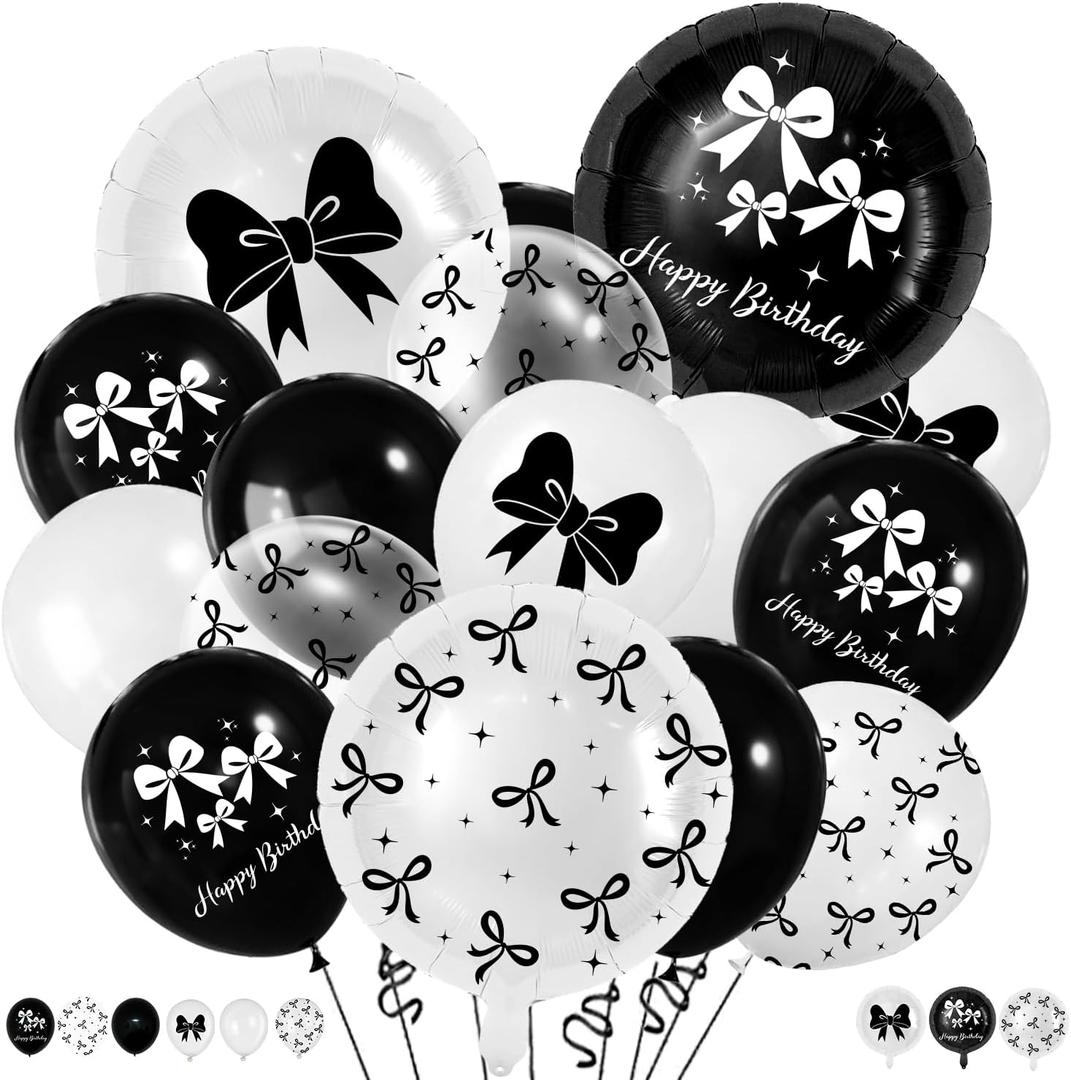 Black Bow Birthday Party Decorations,43Pcs Black Bow Balloons Coquette Birthday Decorations for Girls Women Black and White Bow Themed Balloon for Baby Shower Wedding Decor