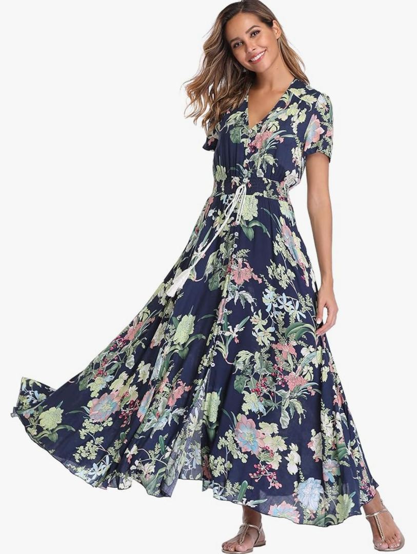 VintageClothing Women's Floral Maxi Dresses Boho Button Up Split Summer Casual Long Dress Beach Party Dress, M