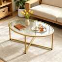 Wolawu Coffee Table Gold Oval Glass Coffee Tables for Living Room,Modern Gold Metal Frame Tea Tables for Small Space, Tempered Glass Top Center Table with Stable Cross Base for Bedroom, Office,Balcony