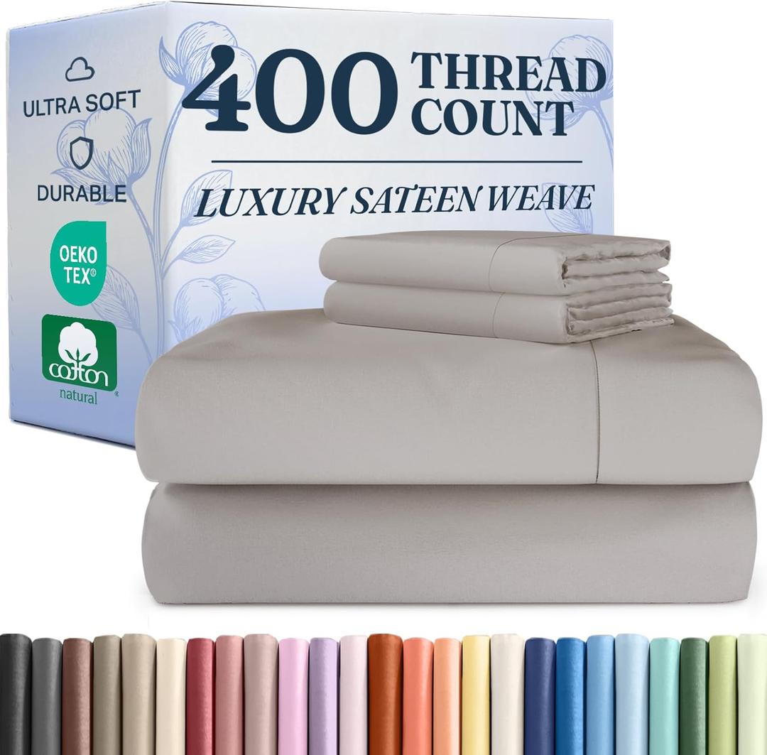 400 Thread Count Cotton Sheet Set - Queen Size 100% Cotton Sheets - Easily Fits 8" to 16" Mattress - Silky-Soft, Wrinkle Free and Comfortable - Deep Pockets & Hotel Quality Bedding Set - Light Grey