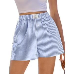 ANRABESS Boxer Shorts for Women Gingham Pajama 2025 Summer Casual Lounge Sleep Plaid Shorts Y2K Beach Bottoms,, Large, Blue White Stripe 