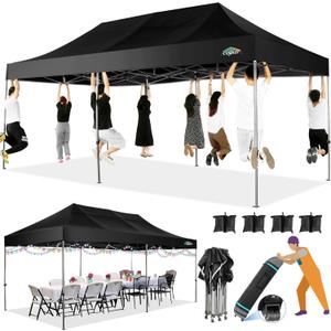 COBIZI 10'x20' Heavy Duty Pop up Canopy Tent Without Sidewall Easy Up Commercial Outdoor Canopy Wedding Party Tents for Parties All Season Wind Waterproof Gazebo with Roller Bag, Black(Frame Thickened)