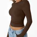 Trendy Queen Womens Long Sleeve Shirts Crop Tops Fall Fashion 2026 Going Out Basic Winter Clothes (Brown, XS)