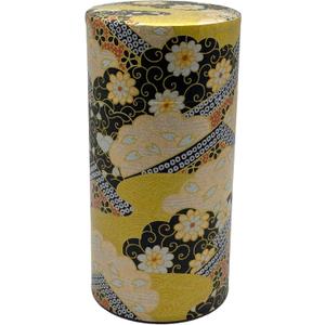 Japanese Tea Canister Tin Golden KARAKUSA/Double Lid/Japanese Washi Paper Pasted /200g Tea Capacity/Loose Leaf Tea Storage/Storage Container with Lid