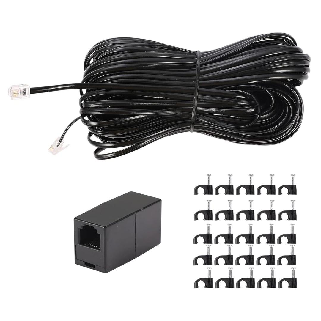 Vthahaby 100 FT Telephone Extension Cord Phone Cable Line Wire,Black, with Standard RJ11 Plug and 1 in-Line Couplers and 15 Cable Clip Screw for Calling Communication