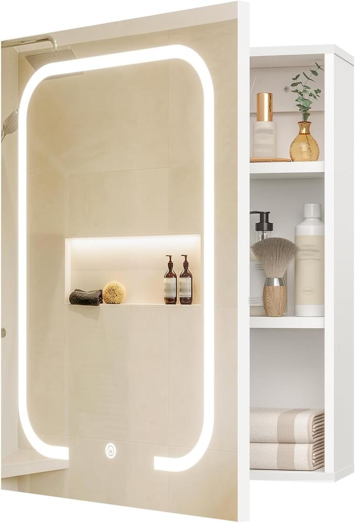 CHOEZON Lighted Bathroom Medicine Cabinet with Mirror, LED Bathroom Vanity Mirror with Storage, 3 Color Temperatures, Wall Mounted Bathroom Cabinet, Adjustable Shelves, Touch-Sensitive Control, White