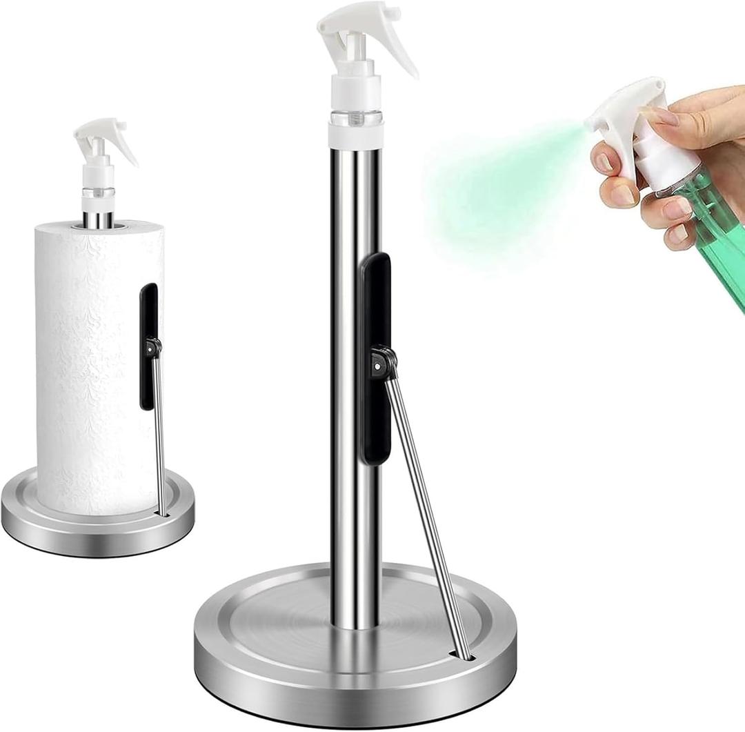 2 in 1 Paper Towel Holder with Spray Bottle, Single Hand Operable with Non Slip Weighted Base for Kitchen and Bathroom