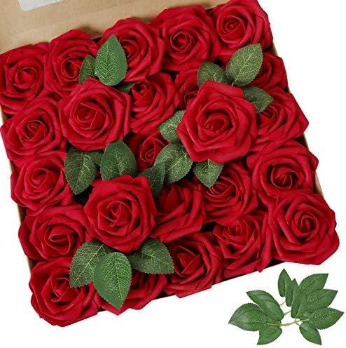 AmyHomie Artificial Flower Dark Red Rose 9 pcs Real Looking Fake Roses w/Stem for DIY Wedding Bouquets Centerpieces Arrangements Party Baby Shower Valentines Day Christmas Tree Decorations