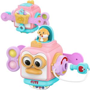 SOONYANG Montessori Toys for 1 Year Old Girl, Toddler Toys Travel Activities Busy Board Cube for 1 Year Old Girl Gifts, Sensory Toys for Baby Gifts, Learning Fine Motor Skills Toddler Girl Toys (Pink)