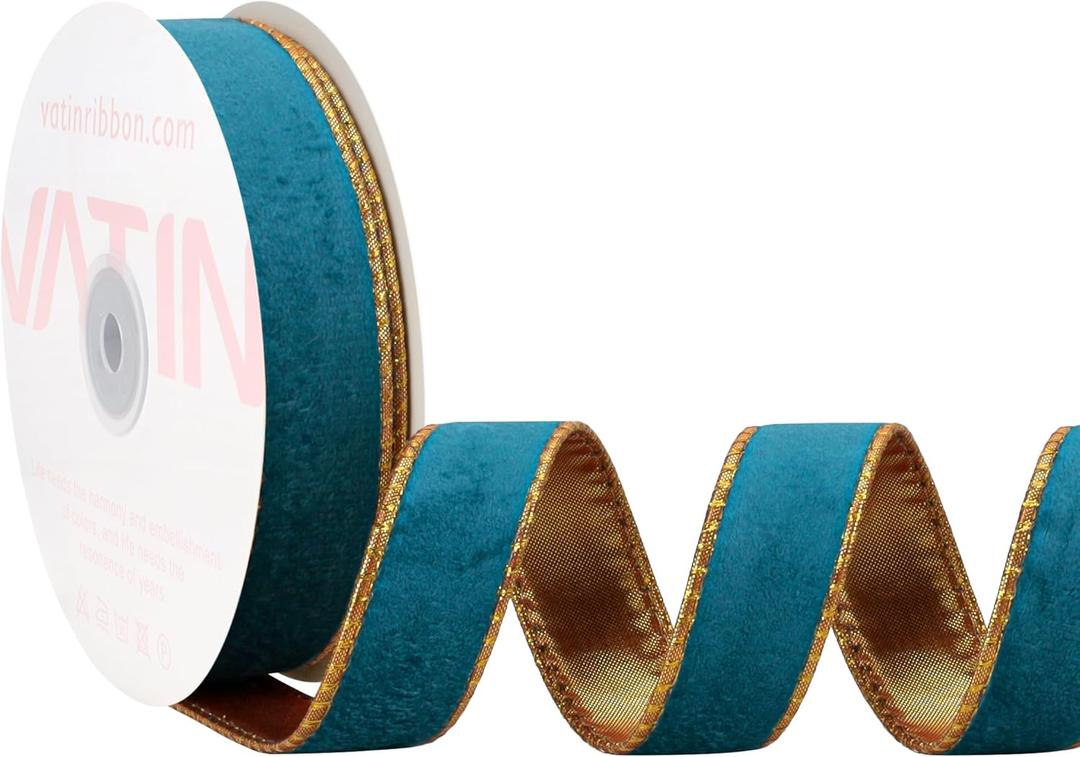 VATIN Teal Velvet Wired Ribbon 1" Metallic Teal Velvet Christmas Ribbon for Floral Arrangements Wrapping Gifts Stylish Decor Creation -Continuous 5 Yards