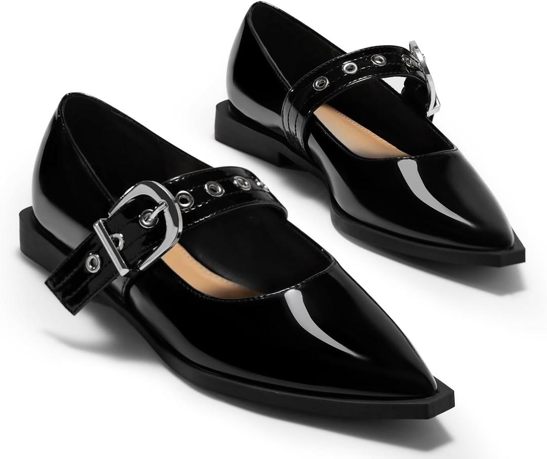 Coutgo Womens Mary Jane Flats Closed Pointed Toe Ballet Flat Studded Metal Adjustable Buckle Dress Shoes (8, Black)