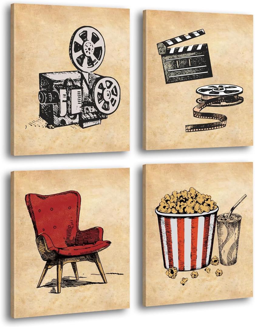 Vintage Movie Theater Wall Art, Classic Film Reel Cinema Popcorn Canvas Posters, Set of 4 (8x10 inches Framed), Retro Home Theater Media Room Decor