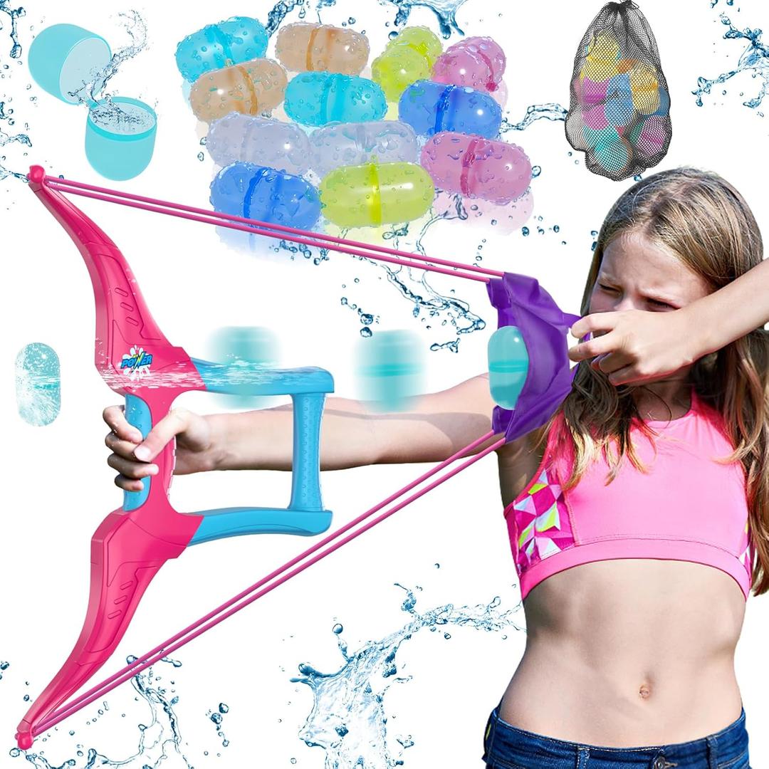 Water Balloon Launcher Slingshot with 12 Reusable Water Balloons, 1 Storage Bag, Water Balloons Quick Fill for Kids Girls Teens Adults, Summer Gift Toys Games for Outdoor Fun, Pink