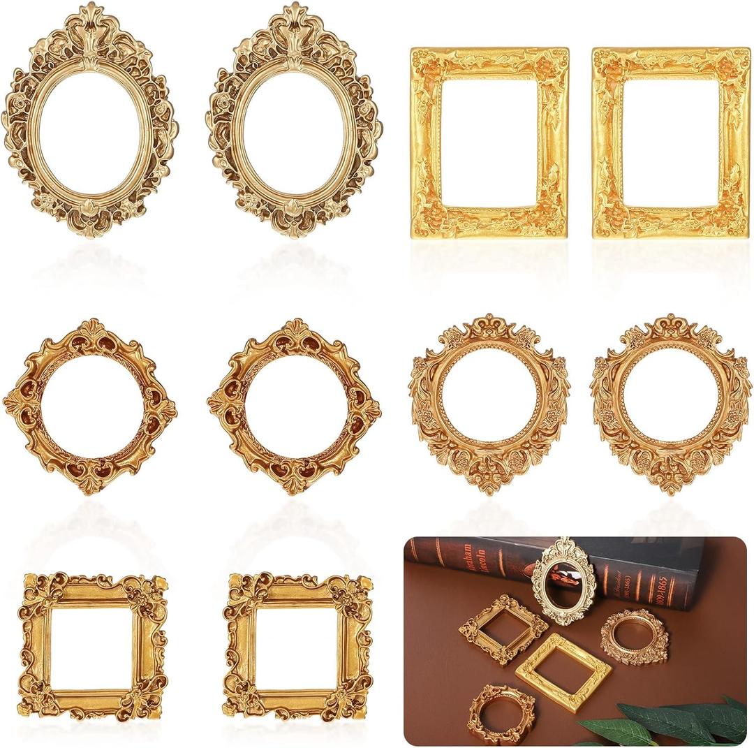 Tyqour 10pcs Small Picture Frames Gold Mini Picture Frames for Crafts Miniature Vintage Resin Tiny Mini Photo Frame Little Gold Frame for DIY Jewelry Party Hotel Holiday Decor