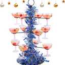 LemonRoad Cocktail Tree Stand with Christmas Garland, 3 Tier 12 Holders Wine Glass Display Champagne Tower for Martini Xmas Thanksgiving Day Party Weddings Bridal Showers Events(Blue and Silver)
