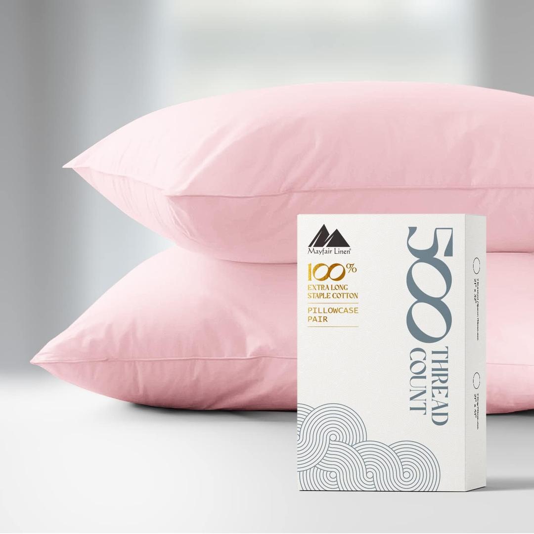 Mayfair Linen 100% Cotton King Size Pillow Cases Set of 2-500 Thread Count Pillow Cases King Size Set of 2 (Blush), Luxuriously Soft Hotel Quality Sateen Weave Pillowcases, Crisp & Cool