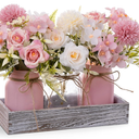 LUEUR Mason Jar Lights Centerpiece with Farmhouse Wood Tray – 3 Jars with Pink Rose Spring Flowers, Rustic Spring & Summer Wedding Decoration for Dining Table, Coffee Table, Kitchen & Living Room