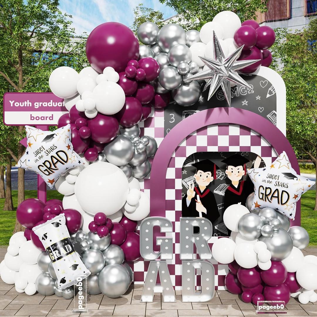 PageebO Graduation Balloon Garland Arch Kit, 151Pcs Heliotrope Metallic Silver White Balloons with Graduation Certificate Star Foil Balloons For Graduation Party Class of 2026 Grad Prom Decorations