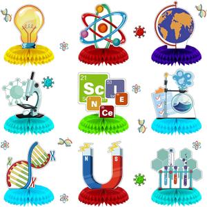 Fainne 9 Pcs Science Party Decorations Honeycomb Centerpieces 3D Table Decor Table Toppers for Science Fair Chemistry Party Supplies Lab School Decorations, 9 Styles
