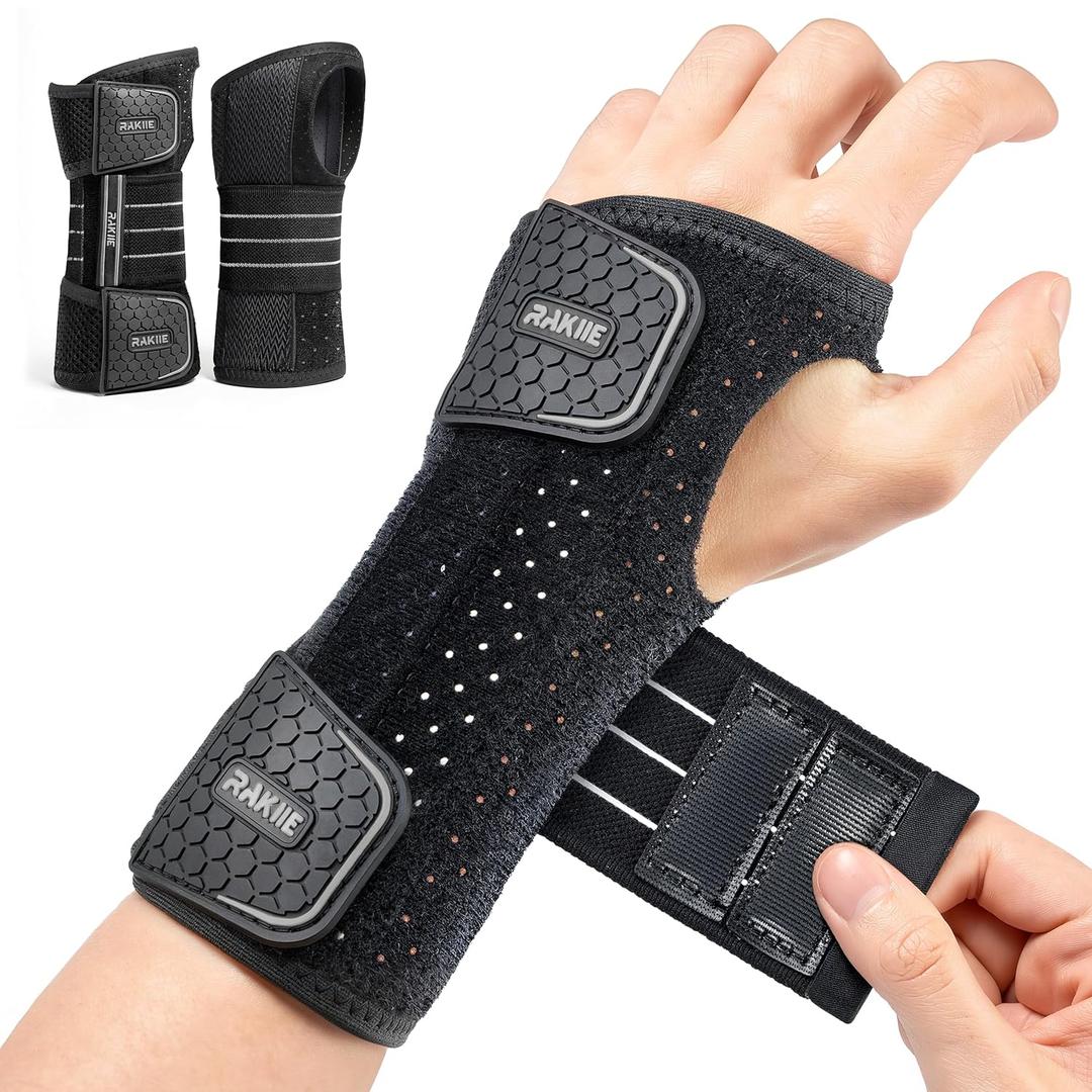 Rakiie 2 Pack Carpal Tunnel Wrist Braces, Adjustable Wrist Support Splint for Night Sleep & Daytime Working, Hand Braces Pain Relief for Arthritis, Typing & Pregnancy, Men & Women (Gray, S) (Black, S)