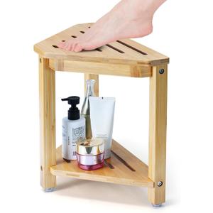 Shower Foot Rest 13.8in, Bamboo Shower Stool for Shaving Legs, Waterproof Corner Shower Stool with Storage Shelf, Shower Foot Stool for Inside Small Shower Spaces