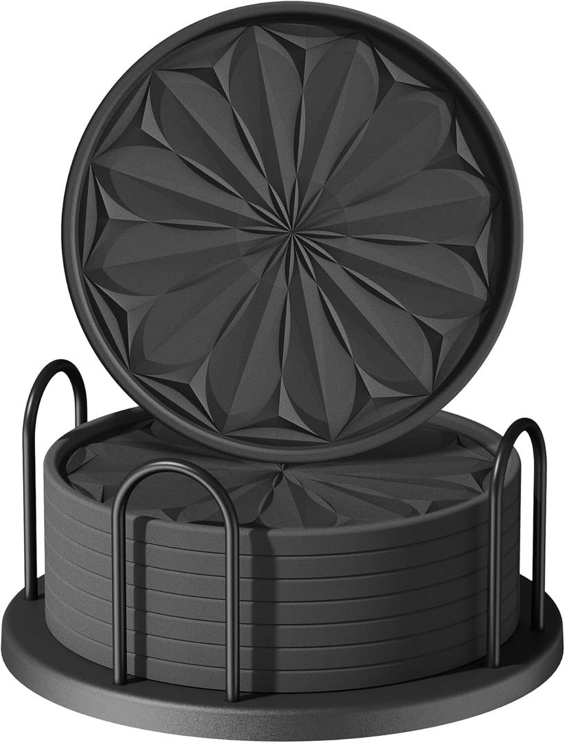 Coasters Set of 8 for Drinks, Beer, Coffee, Silicone Coasters with Holder for Home Decor Tabletop Protection Suitable for Kinds of Cups (Black)